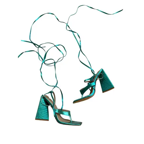 EGO Teal Metallic Lace Up Block Heels Sandals Size UK 7 / US 9