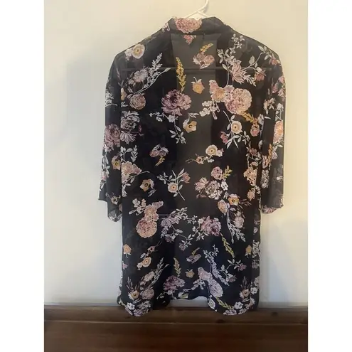 Wall Flower  Open Front Floral Kimono Small Black 3/4 Sleeve Semi-Sheer Polyester