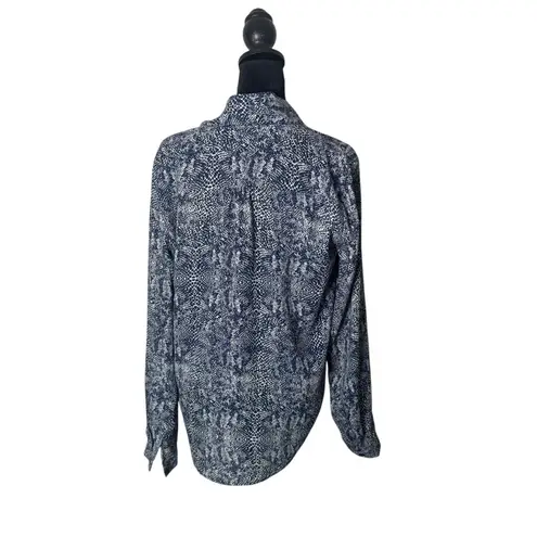 Johnston & Murphy Womens Faux Wrap Long Sleeve Hi Low Hem Blouse Blue White Workwear Size M