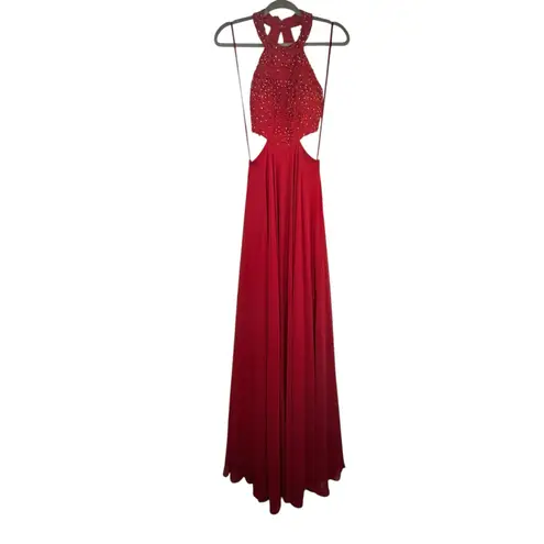 Betsy and Adam Red Rhinestone Halter Evening Gown Formal Dress - Size 4