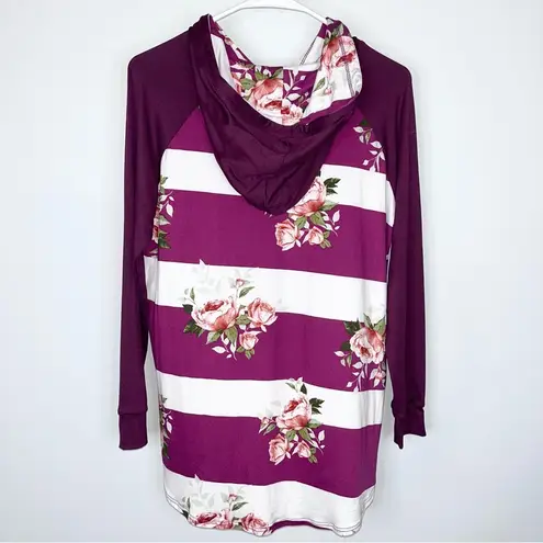 EMERALD Magenta Plum Purple Striped Floral Lightweight Hoodie Small