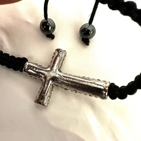 Rhinestone cross black cord adjustable bracelet Silver