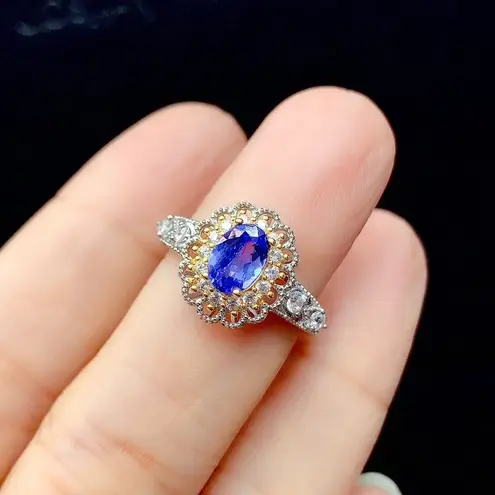 18K White Gold Plated Adjustable Hollow Blue Crystal Sapphire Ring for Women