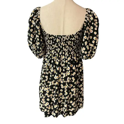 Motel Rocks Motel Daisy Print Mini Dress Smocked Puff Sleeve Square Neck Black Sz M Cottage‎