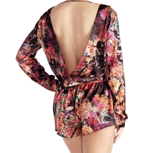 Naked Princess Lila Silk Romper Womens Large Abstract Floral Drawstring Black