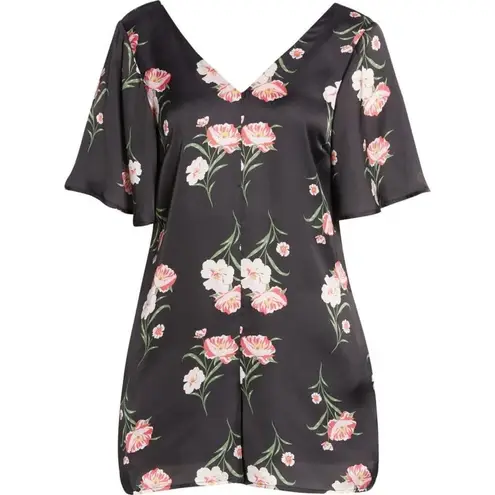 Chelsea28 Romper Women's Medium Black Pink Floral Satin V-Neck Flounce Sleeves