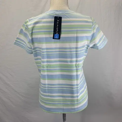 Relativity Crew Neck Striped Blue Green White Top Tee Size M NWT WITH FLAW