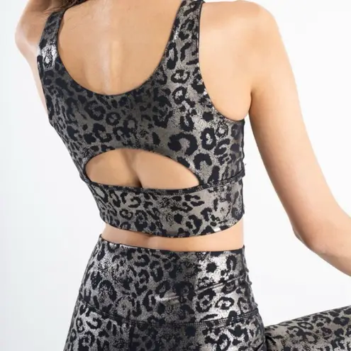 DYI NEW S Sports Bra Elevate Leopard Crop Top Metallic Foil Workout Silver Black