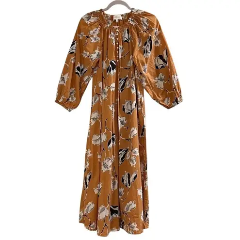 The Great Derby Midi Dress Floral Printed Smocked Vintage Cotton Flowy XS Brown