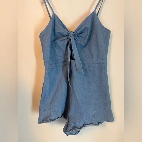 Hem & Thread Denim Chambray Adjustable Strap Romper Medium Ruffle Legs Tie Front