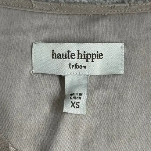 Haute Hippie Blouse Ruffle Bell Sleeve V Neck Patterned Top Gray Boho Womens XS