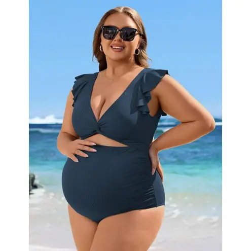 Charmo MEDIUM Navy Ruffle Ribbed Maternity Swimsuit One Piece Pregnancy Swimwear Blue Size undefined