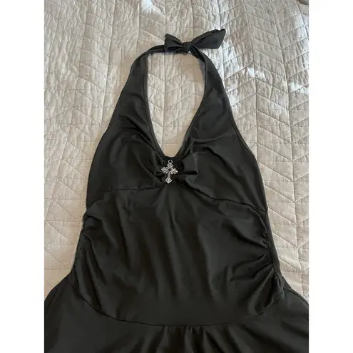 Beaudrm Tiered Mini Dress Size XL Black Sleeveless Halter Tie Neck Cross Pendant
