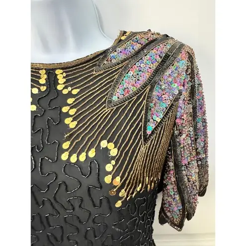 Black Beaded & Sequined Short Sleeve Evening Dress Black Tie Vintage Paris S