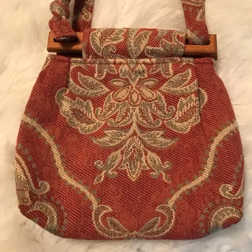 Fabric tapestry style shoulder bag purse wooden trim earth tones boho