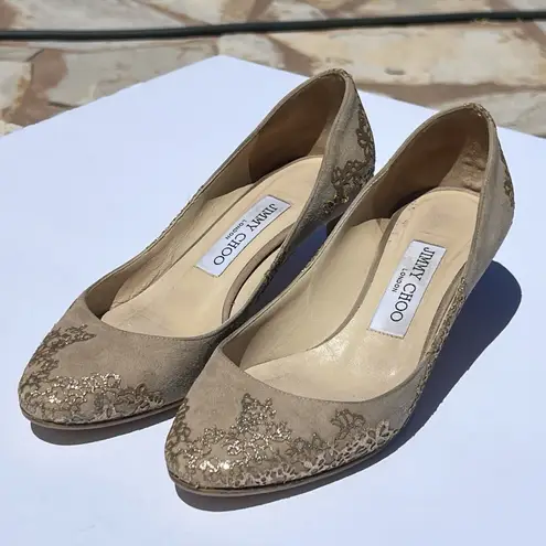 Jimmy Choo Nude Esme Kitten Heel Pumps Women EU 36 US 6 Beige Suede Gold Glitter