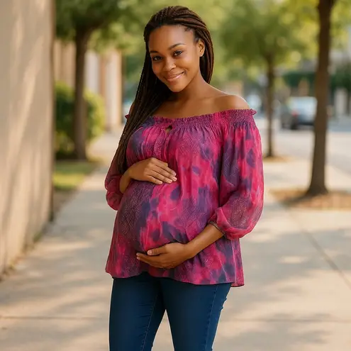 Bisou Bisou Womens Blouse S Maternity Blouson Off Shoulder Top Red Purple NEW