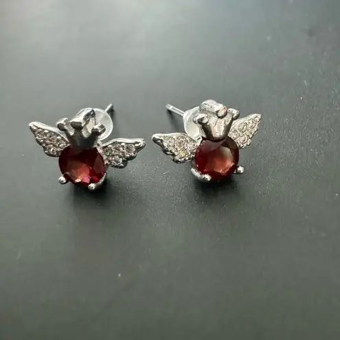 S925 Garnet & CZ Crown & Wings Earrings Red