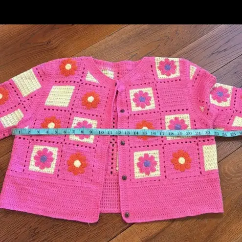 Crochet Floral Knit Cardigan Y2K Pink Size M