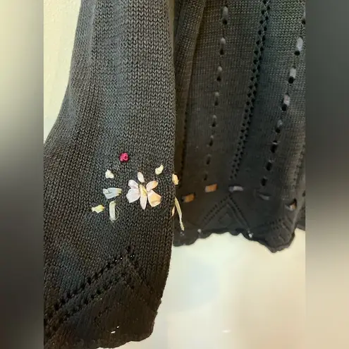 Vintage Black Embroidered Floral Sweater L Ramie Cotton 90s Size L