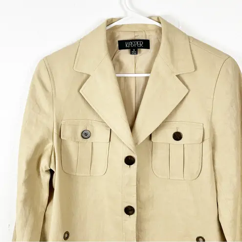 Kasper Khaki 100% Linen Lined 3/4 Sleeves Front Button Blazer, Size 12