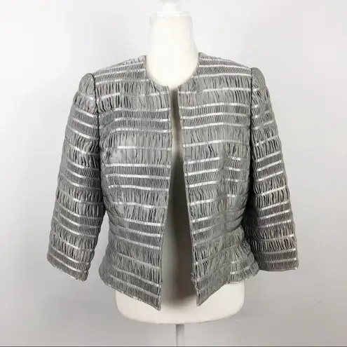 Carmen Marc Valvo Silver Zip Front Shirred Party Cocktail Wedding Jacket Sz 12