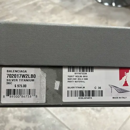Balenciaga Knife Glitter High Heel Mules in Silver Titanium Size 36 New in Box