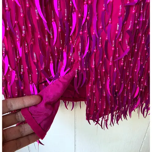 AJ Bari Silk Hot Pink Cattail Sequin Beaded Fringe Vintage Trophy Sheath Dress 6