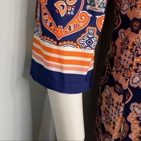 Saint Tropez West Blue Orange Boho Print Lace Up 3/4 Sleeve Tunic Top XS