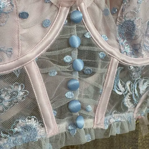 VS For Love & Lemons Foil Rose Pink Blue Sheer Mesh Bustier Coquette Top Large