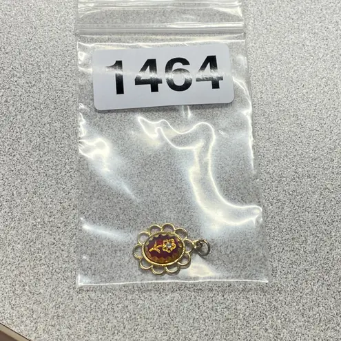 Vintage Gold Tone Scalloped Edge Red Enamel Abalone Flower Charm Oval Pendant