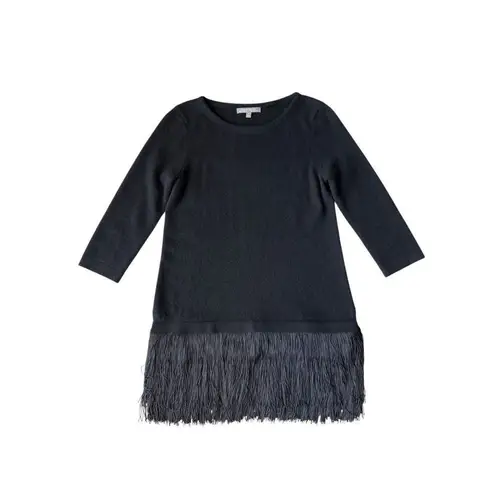 Neiman Marcus Black Cashmere 3/4 Sleeve Fringe Tunic Sweater