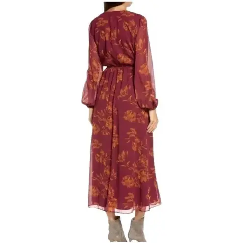 Chelsea28 Chiffon Ling Sleeve Floral Maxi Dress Burgundy Size XS Boho Beach Cute