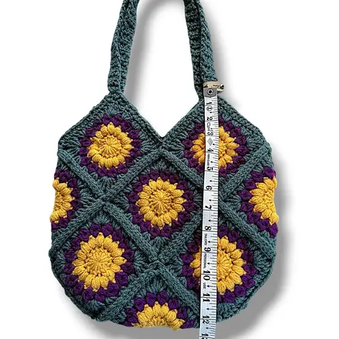 Handcrafted Crochet Teal Purple and Yellow Shoulder Bag Boho Granny Square