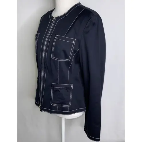 Nine & Co. Navy Blue White Stitching No Collar Tailored Sporty Jacket 8