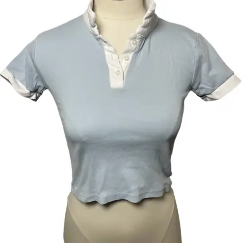 Ruffle Collar Cropped Polo Top Light Blue White Preppy Y2K Coquette – Small