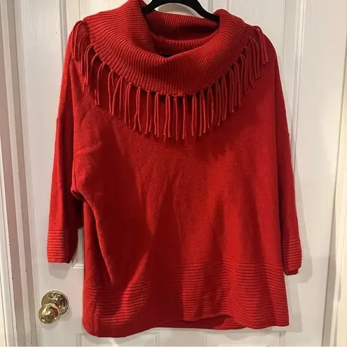 Chico's  Red Fringe Cowl Neck Sweater Size 2 Large Long Sleeve Dark Red