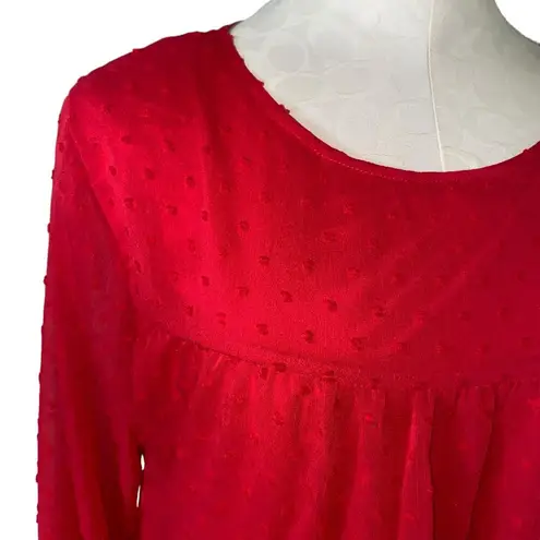 Pretty Garden Women’s Solid Red Long Sleeve Clip Dot Tiered Babydoll Blouse Sz M