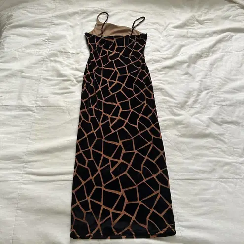 Y2K paper tag Brown black giraffe burnout maxi dress asymmetrical neckline Size M