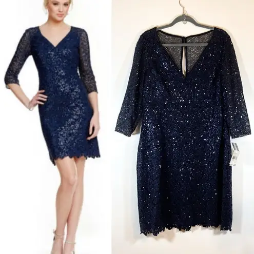 Kay Unger NWT  New York Sequined Mesh Sheath Dress Navy Plus Size 16