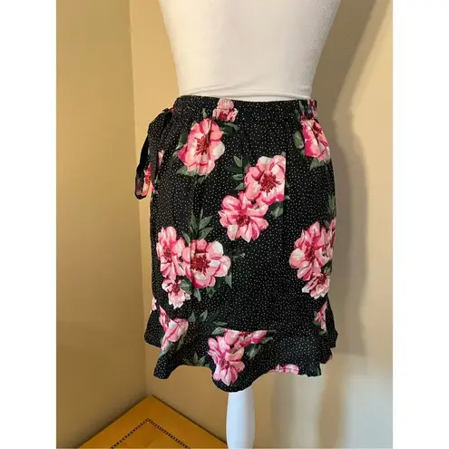 Planet Gold Black White Polka Dot w Pink Floral Faux Wrap Mini Skirt Small
