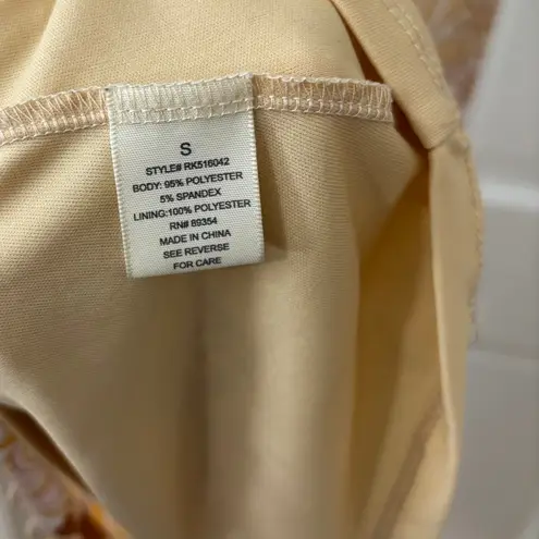 VTG Y2K Mesh Overlay Floral Babydoll Mini Dress Butter Yellow 70s Ruffle Hem S Orange