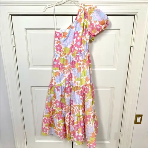 J.Marie Ava Mae Floral Puff Sleeve One Shoulder Midi Maxi Spring Dress size L Pink Size L