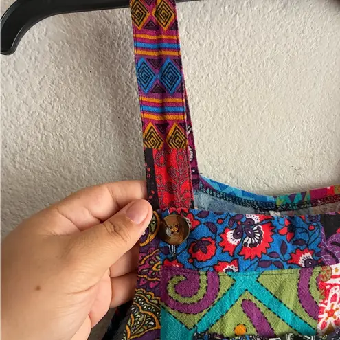 Bohemian Colorful Patchwork Suspender Jumpsuit Wide Leg S Blue