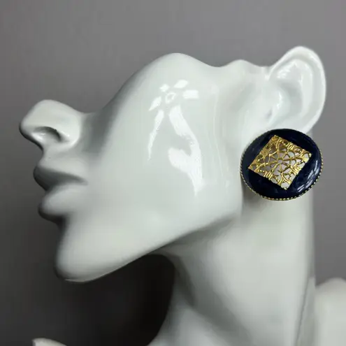 Vintage enamel filigree deep blue earrings Gold