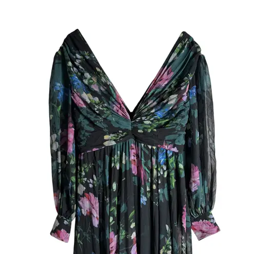 Badgley Mischka Black Floral Print Long Sleeve V-Neck Pleated Chiffon Gown 12