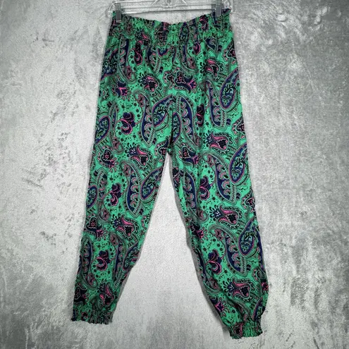 Aerie  Pants Womens Medium Green Pink Paisley Satin Jogger Casual Preppy Colorful