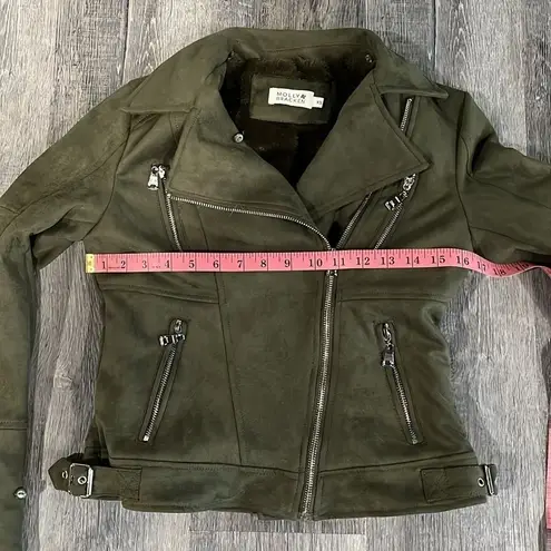 Molly Bracken NWOT - olive green suede feel moto coat w/ removable faux fur - XS