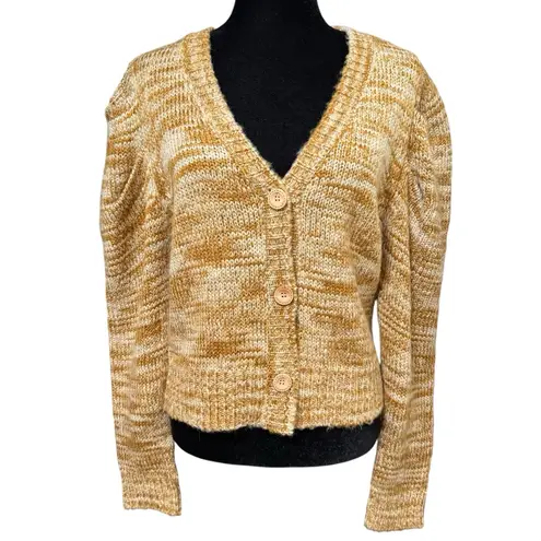 En Saison Golden Honey Marled Puff Sleeve Cropped Knit Cardigan Sweater Medium Gold