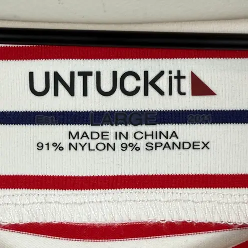 Untuckit Top Womens Large White Red Black Striped Stretch LS Boat Neck Preppy